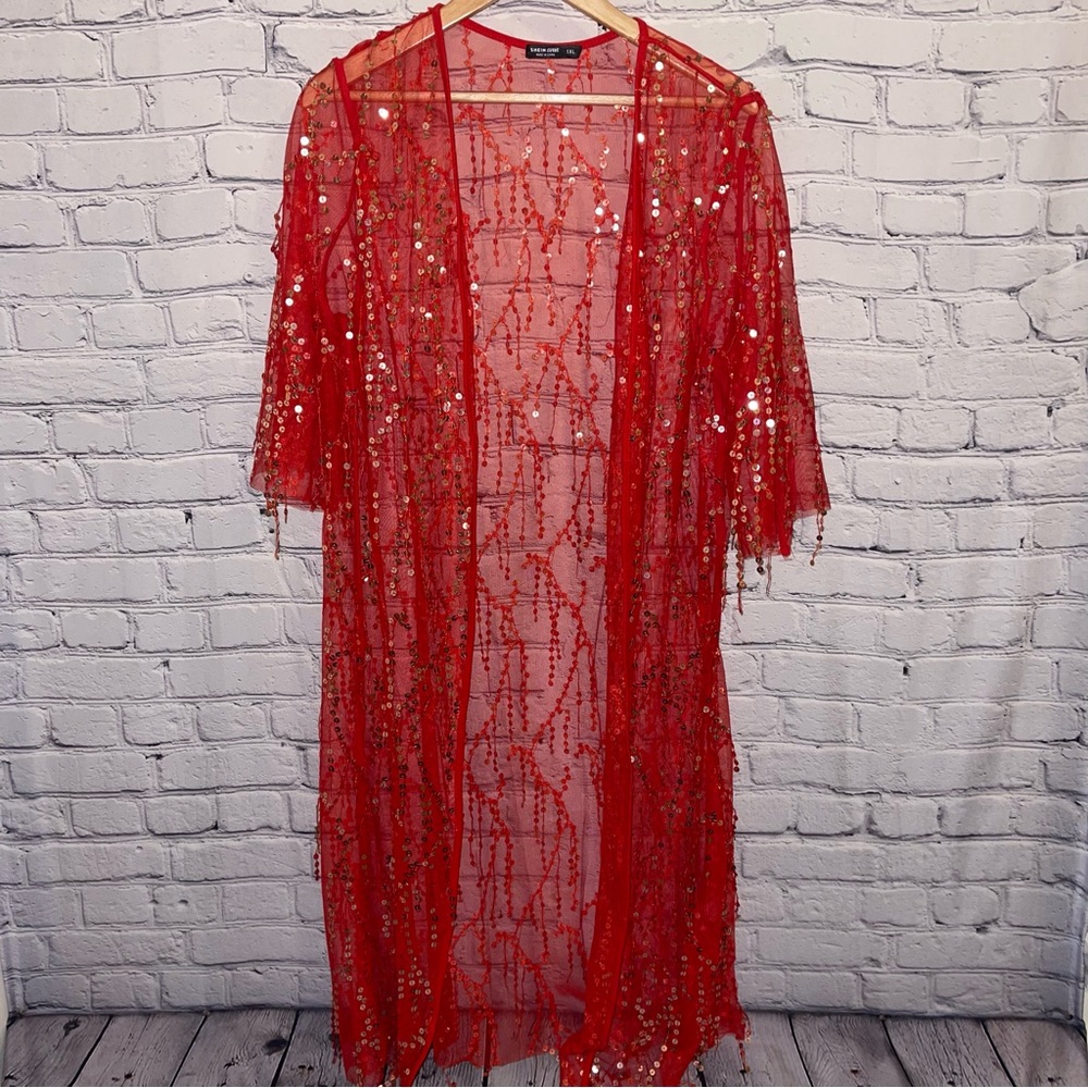 Red Sheer Kimono With Gold Sequins Shein Curve 1XL